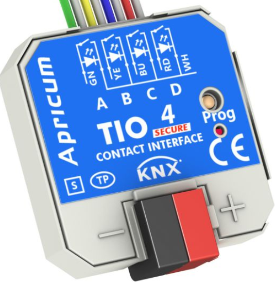 Interfaz de pulsadores KNX secure, 4 entradas, libre potencial, con salida LED, empotrable / empotrable para caja de mecanismos, Ref. TIO4-Sec