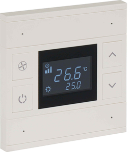 KNX thermostate 4 rockers, with temperature sensor, with display and with status LED, with manual controls, serie ORIA, ivory white, Ref. INT-OT2-0201F0