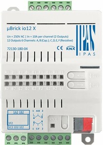KNX multifuntion actuator, µBrick o12 X, shutter / switching, 12 binary outputs / 6 channel shutter, 10A, 140µF and resistive C-load, DIN rail / flush mount / surface, serie µBrick, Ref. 72130-180-04