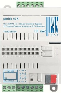 KNX multifuntion actuator, µBrick s6 X, shutter / switching, 2 binary outputs / 3 channel shutter, 10A, 140µF and resistive C-load, DIN rail / flush mount / surface, serie µBrick, Ref. 72130-180-14