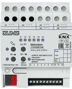 KNX multifuntion actuator with inputs, heating / shutter / switching, 6 binary outputs / 3 channel shutter, 6 inputs potential free, 16A, Ref.  23066 REGHE