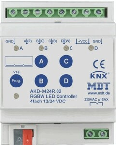 KNX Dimmer Aktoren, LED 12/24VDC, 4 Binärausgänge, Konstantspannung, RGB / RGBW, 4A, DIN-Schienen, Ref. AKD-0424R.02