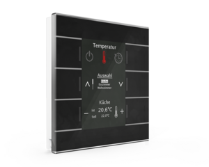 Pulsador KNX, 6 teclas, con termostato, con sensor temperatura, con display y con LED de estado, serie GLASS SMART, glass black, Ref. BE-GBZS.01