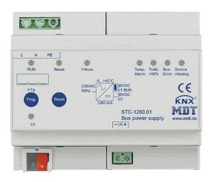 Fuente de alimentación KNX, 1280mA, con diagnostico y con salida auxiliar, carril DIN, Ref. STC-1280.01